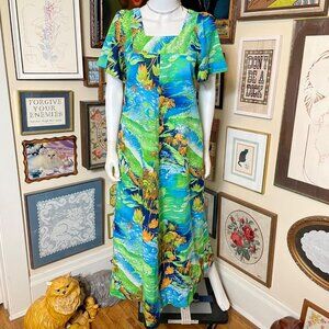 70s Vintage Tropicana Blue and Green Lightweight Polyester Hawaiian MuuMuu S